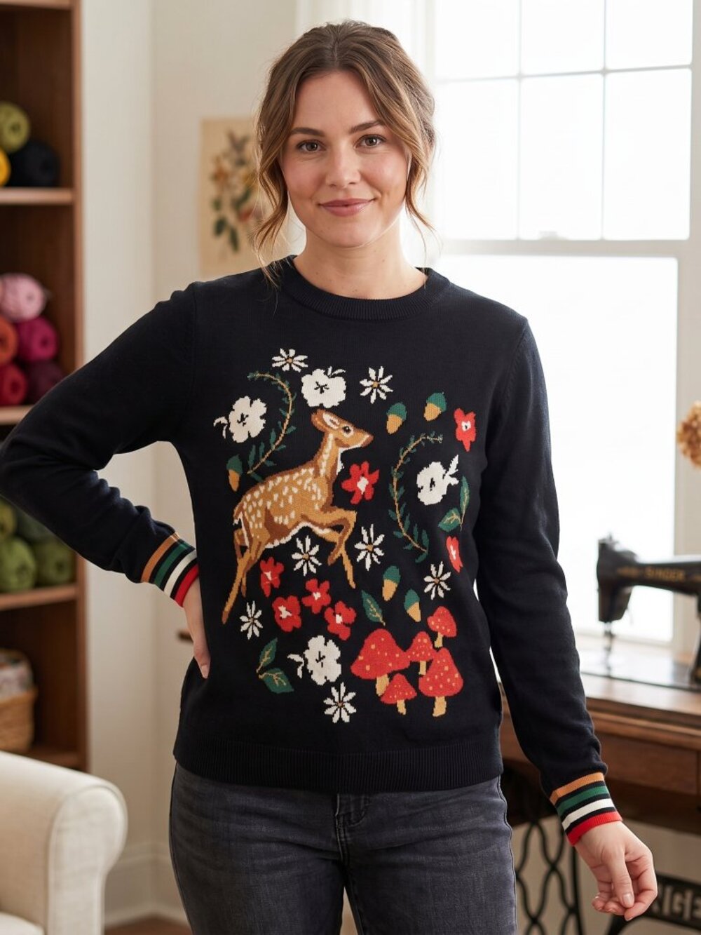Black Woodland Deer Mushroom Floral Sweater — Size XL